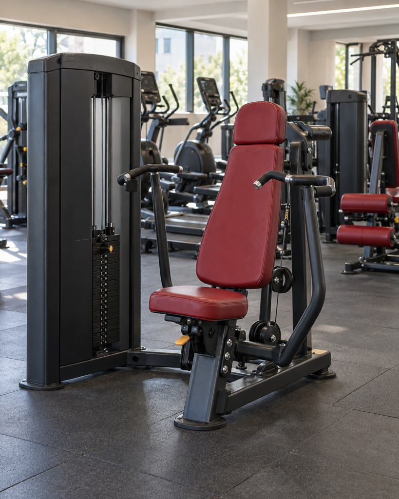 Máquina de fuerza negra con asiento y respaldo rojos